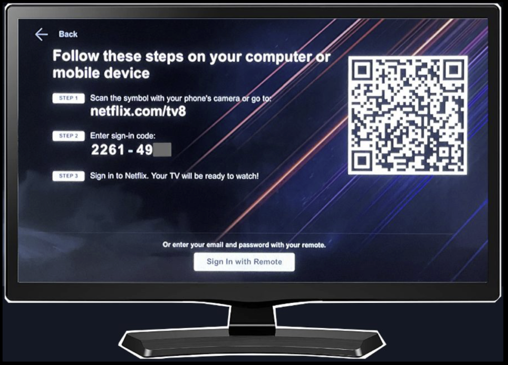 Image of Netflix mobile device login screen on a TV