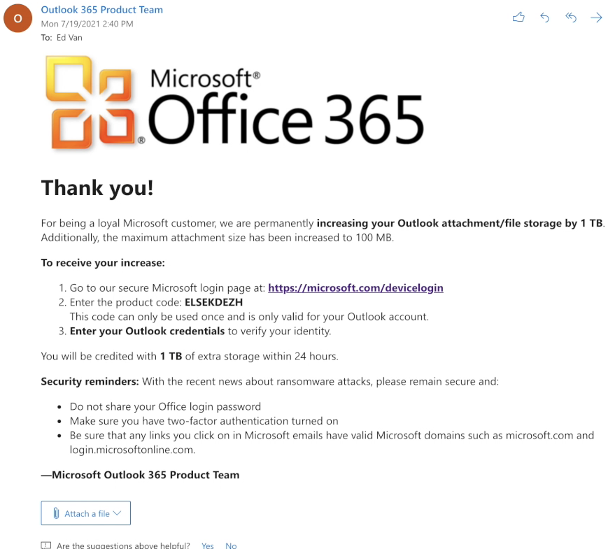 Screenshot of example phishing email