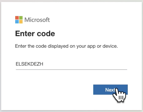 Screenshot of user entering code