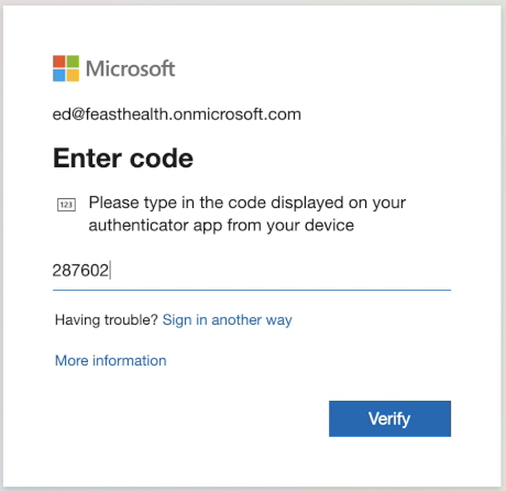 Screenshot of user entering MFA code