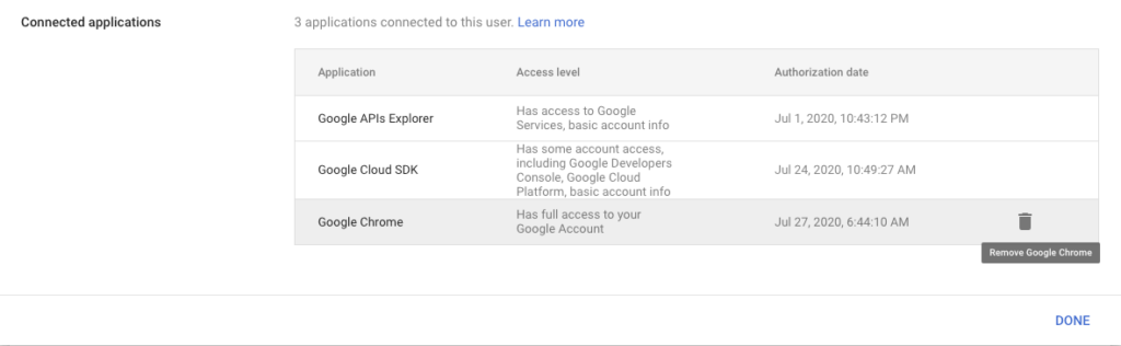 Screenshot showing how to delete OAuth connected applications from Google Workspace.