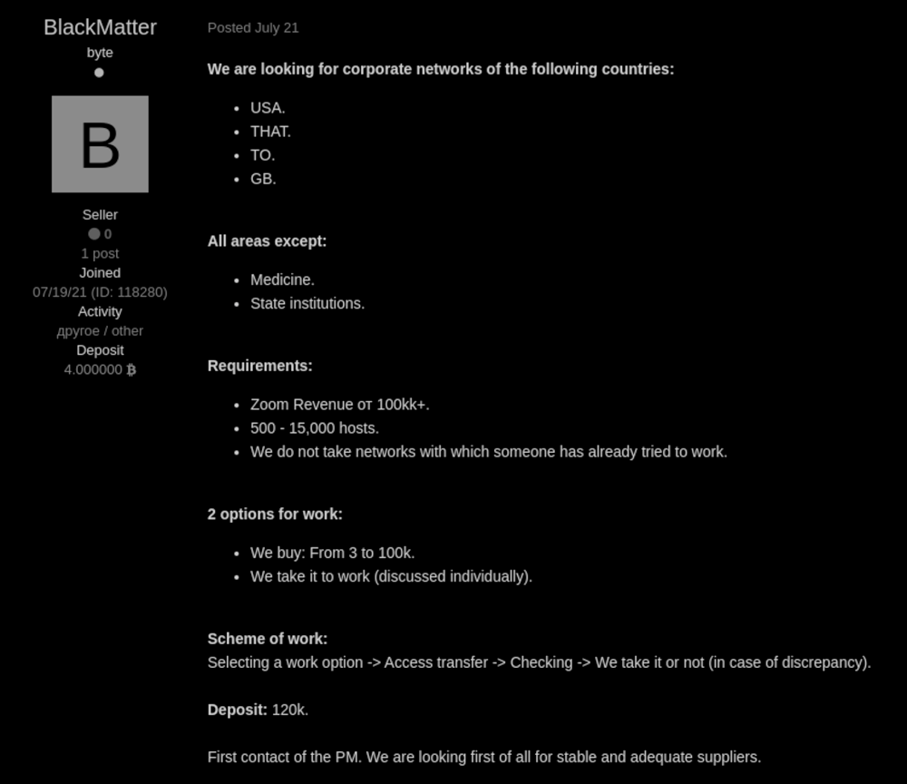 Screenshot of BlackMatter advertisement in a web forum.