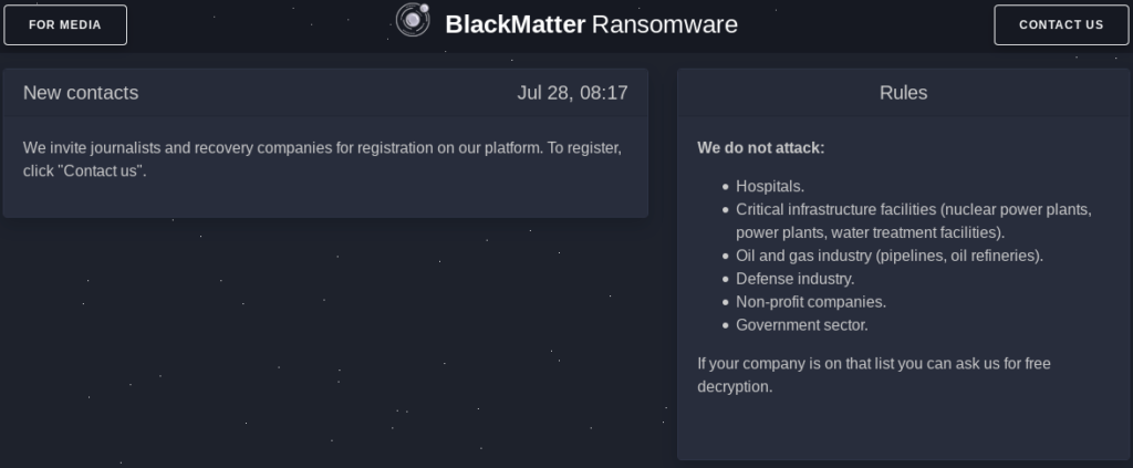 Screenshot of Main page of BlackMatter’s website, hosted on the deep web.