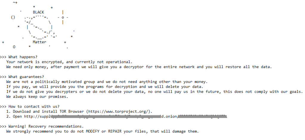 Figure showing BlackMatter’s ransom note.