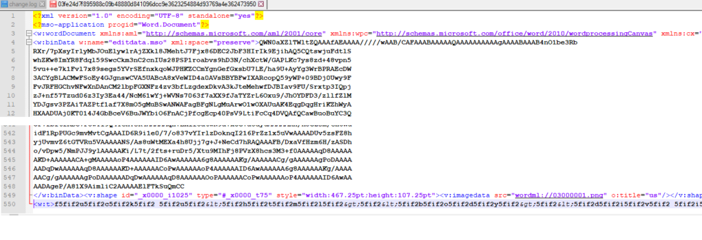 Screenshot of the contents include the encoded binary data for VBA, a PNG file, and the content for the HTA.