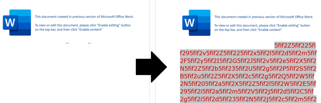 Screenshot showing obfuscated text in the malicious office document after changing font color and size 