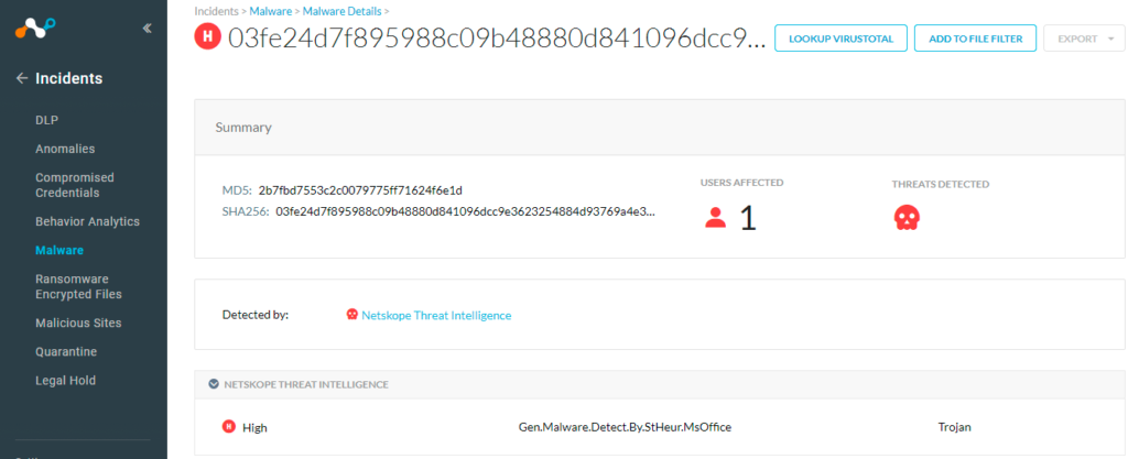 Screenshot showing the detection for 2b7fbd7553c2c0079775ff71624f6e1d, indicating it was detected by Netskope Threat Intelligence with detection name as Gen.Malware.Detect.By.StHeur.MsOffice