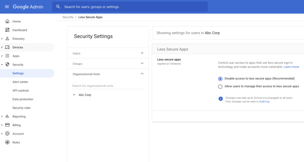 Screenshot of how to disable access to less secure apps in Google Workspace Admin Console