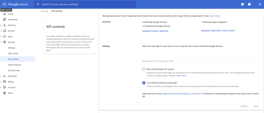 Screenshot of how to setup up API controls to restrict access by applications