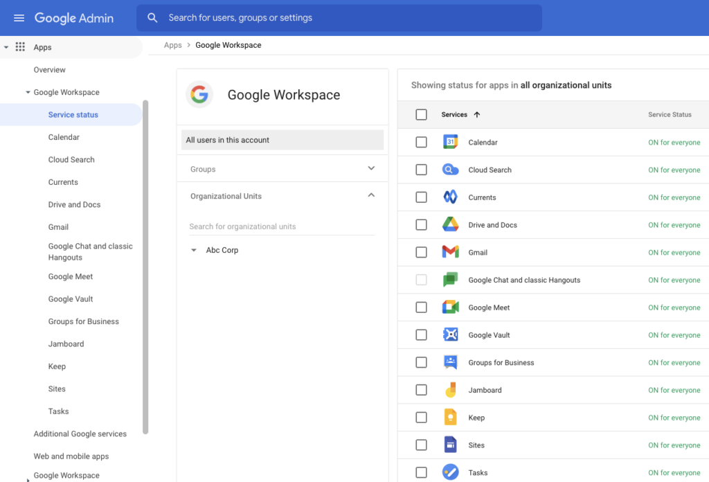 Screenshot of how to turn off unused Google Workspace applications in Google Workspace Admin Console