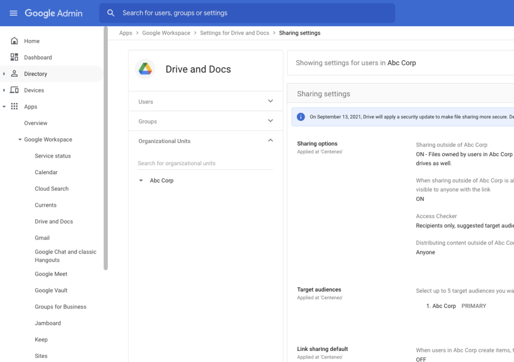 Screenshot of how to set appropriate settings (as securely as possible) for Google Workspace Apps 