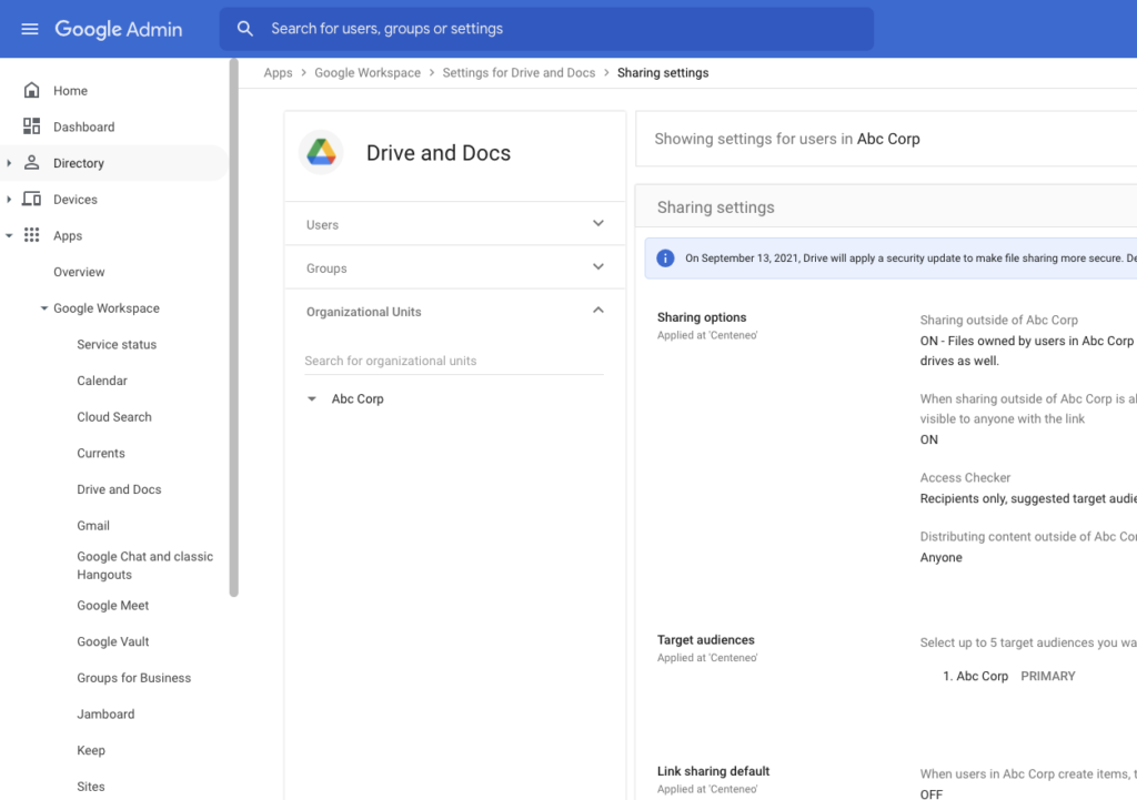 Screenshot of how to set appropriate settings (as securely as possible) for Google Workspace Apps