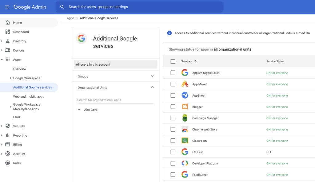 Screenshot of how to turn off unused Additional Google Services in Google Workspace Admin Console