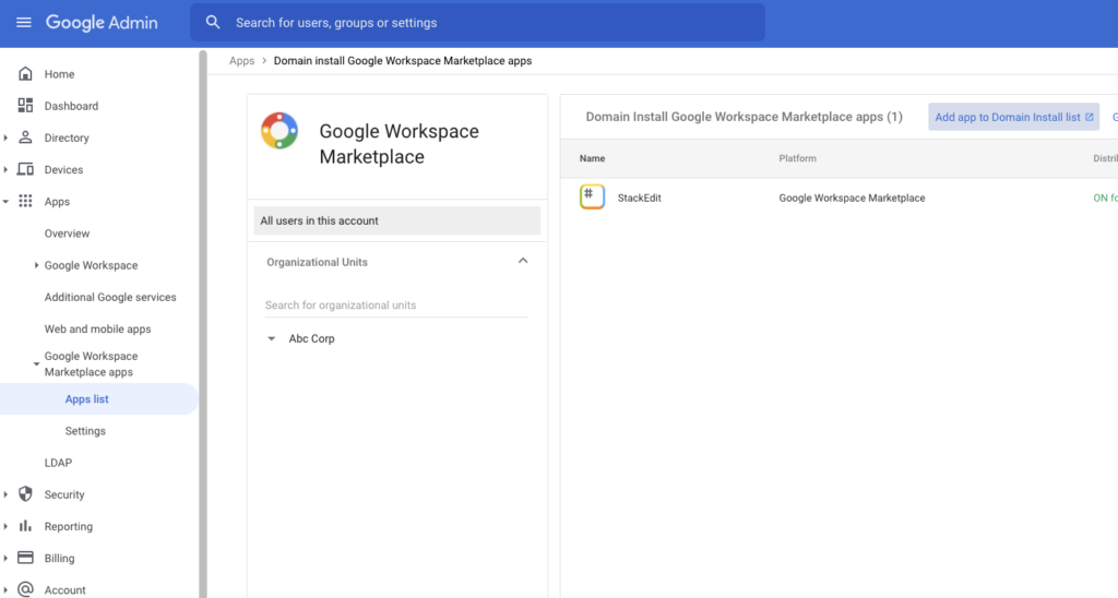 Screenshot of how to domain install any corporate-wide applications in Google Workspace Admin Console