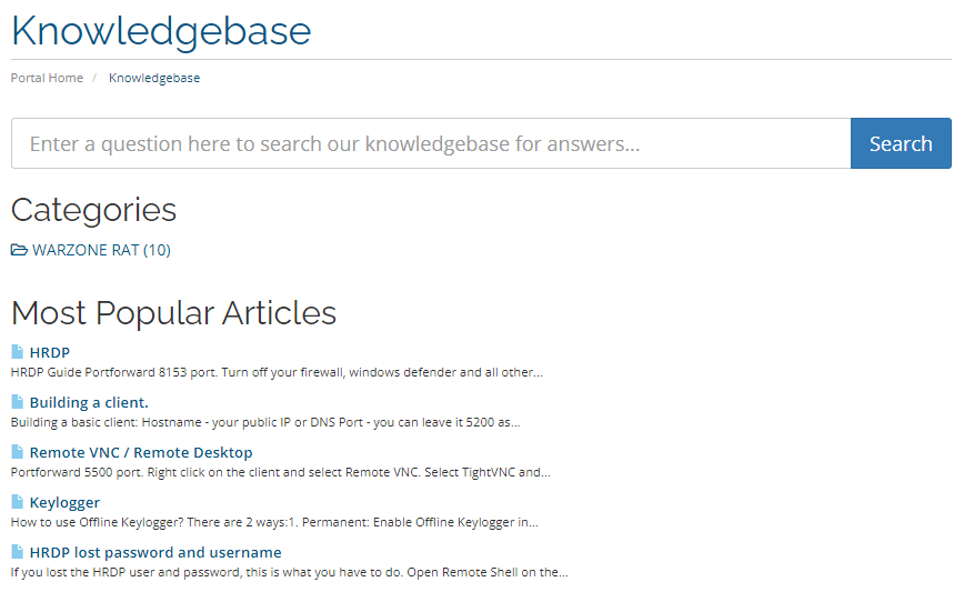 Screenshot of Warzone RAT knowledge base.