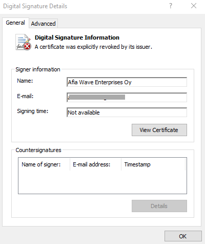 Screenshot of DBatLoader digital signature.