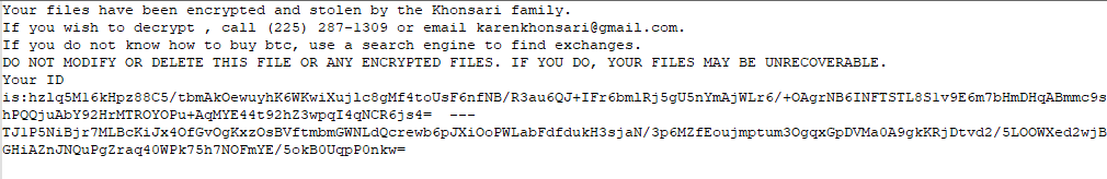 Screenshot of Khonsari ransom note.