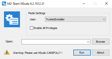 Screenshot of GUI from downloaded file “NSudo”.