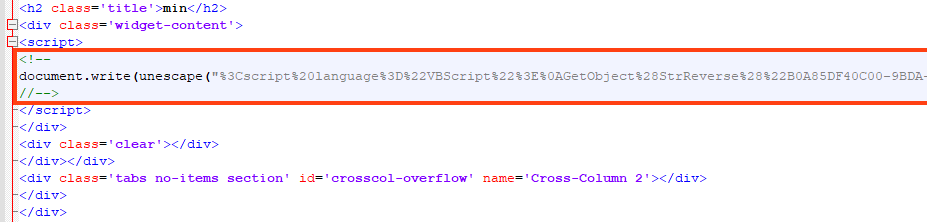 Example of VBS code hidden in the HTML page.