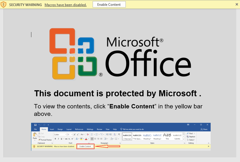 Screenshot of fake message asking the victim to enable the file’s content.