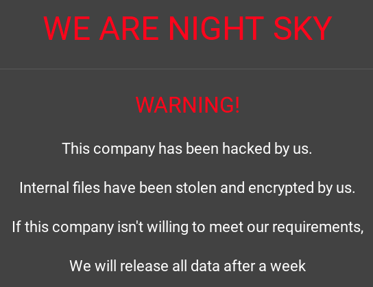 Example of Night Sky ransomware message in their deep web site.