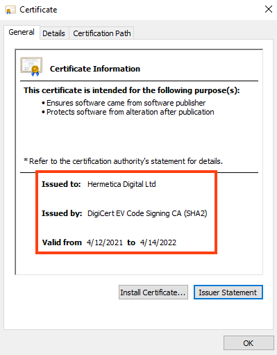 Example of Certificate used in HermeticWiper.