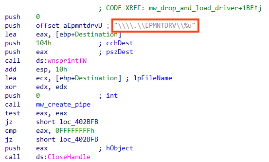 Screenshot of malware creating a pipe.