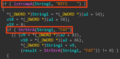 Screenshot comparing file system string with NTFS and FAT.