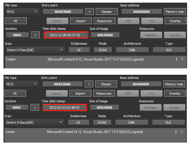 Screenshot of Compilation date of both HermeticWiper samples