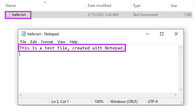 Screenshot of Test file created as “C:\test\hello.txt”.