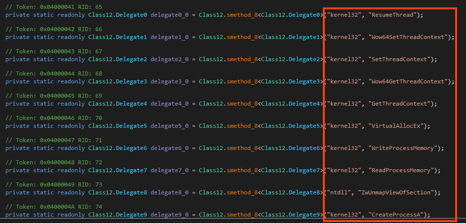 Screenshot of APIs related to Process Hollowing.