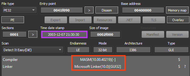 Screenshot of binary details of Formbook payload.