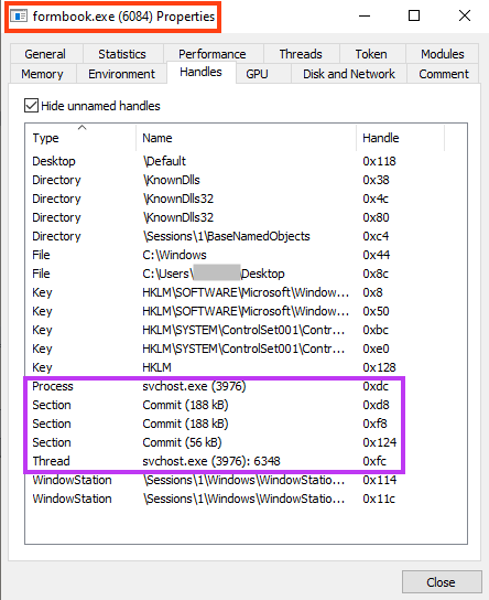 Screenshot of Formbook injecting itself into another process.