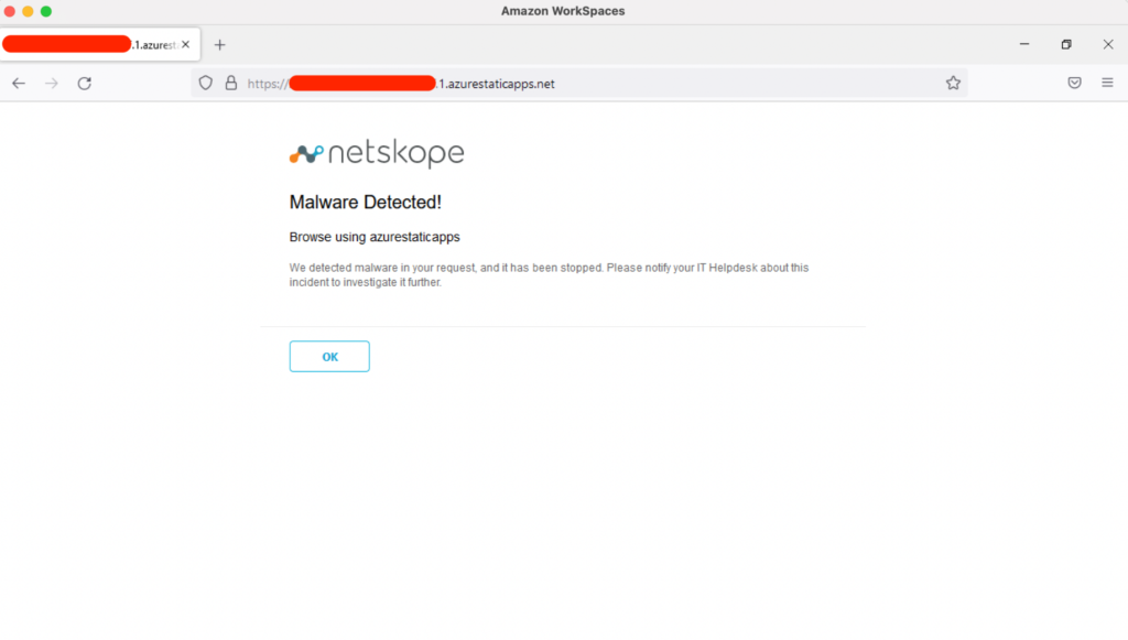 Screenshot showing how Netskope Threat alerts users when malware is detected