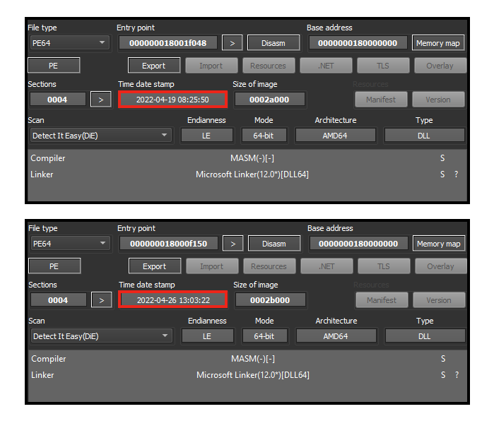 Screenshot of comparison between the two Emotet payloads.