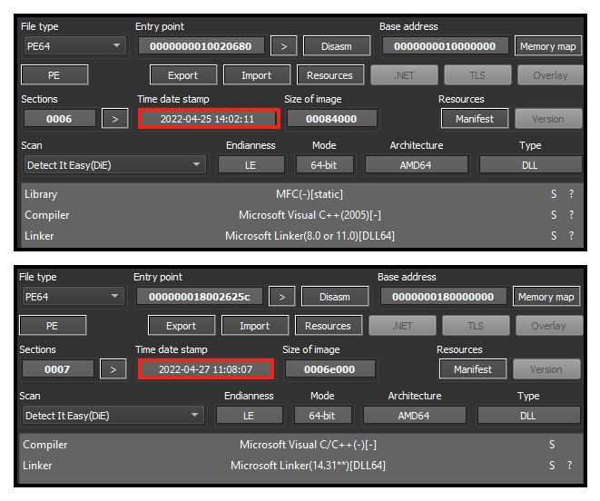 Example of comparison between the two downloaded payloads.