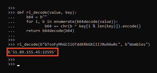 Screenshot of decrypting RedLine Stealer C2 address.