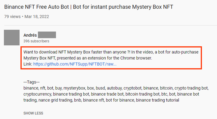 Screenshot of video description with the link to download the fake bot.