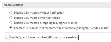 Screenshot of option to enable Excel 4.0 Macros.