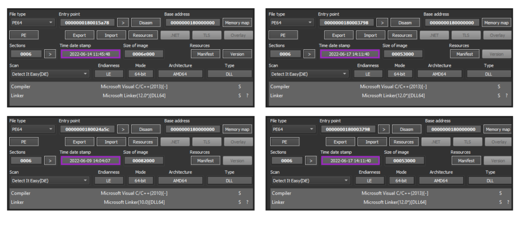 Example of four payloads downloaded from the spreadsheet URLs.