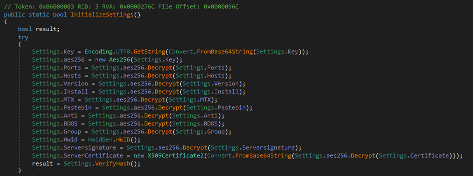 Screenshot of AsyncRAT method that initializes the configuration.